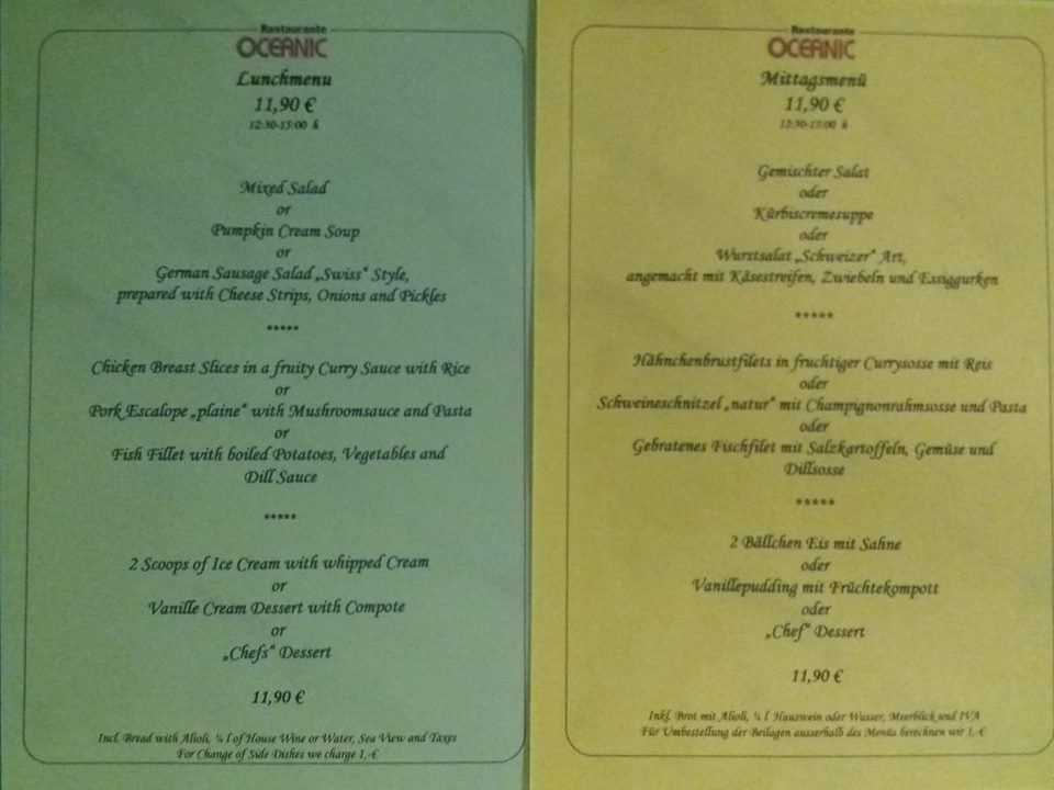 Winter Menu at Oceanic Restaurant Calpe