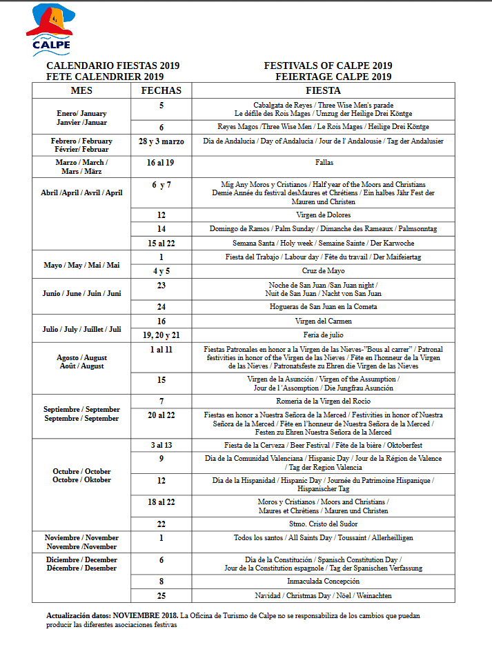 *Fiesta Calendar 2025 in Calpe, Spain