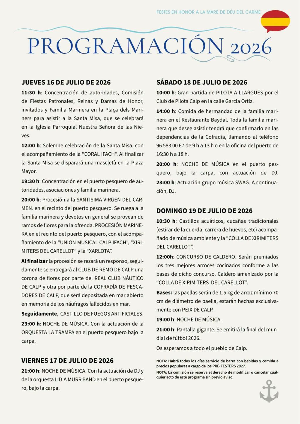Fiestas in Calpe: 'Virgen Del Carmen' (July 2026)