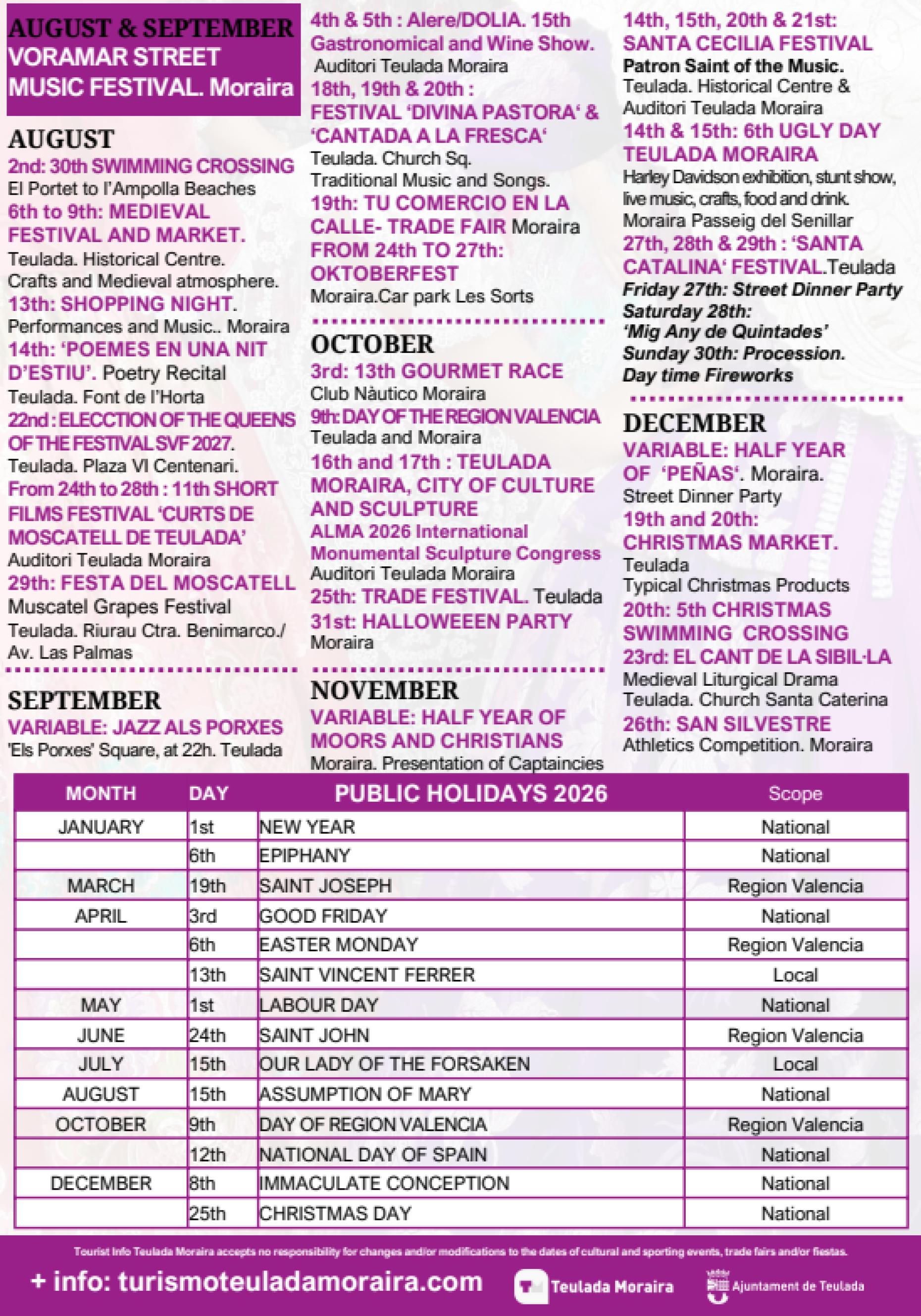 Fiesta Calendar 2026 in Moraira-Teulada, Spain