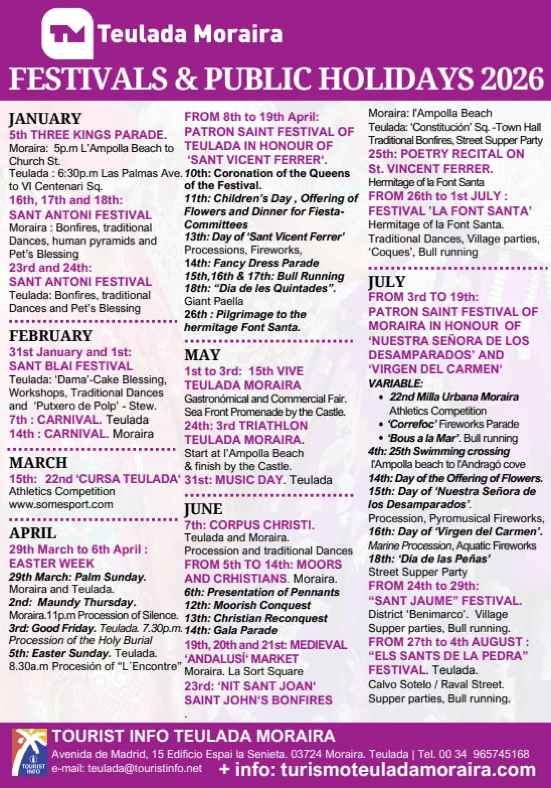 Fiesta Calendar 2026 in Moraira-Teulada, Spain